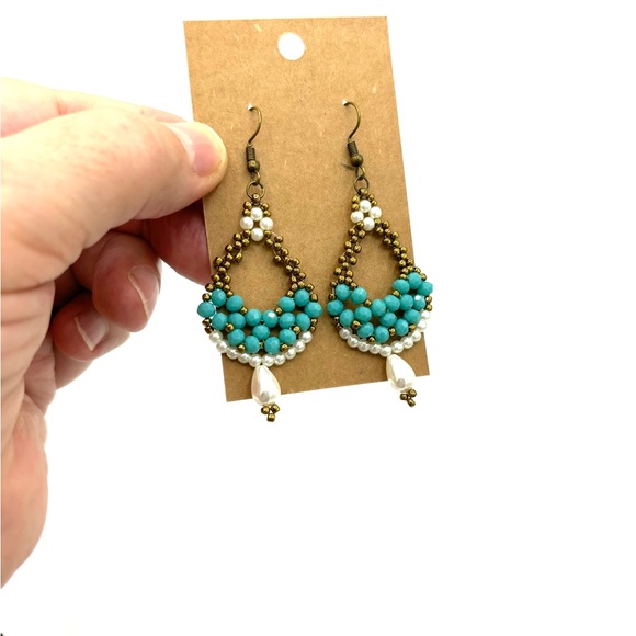 Hand Crafted Jewelry - Hand Crafted Beaded Turquoise Crystal and Pearl Chunky Earrings